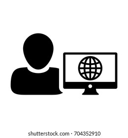 Internet User Icon Vector Person With Computer Monitor and Global Network in Glyph Pictogram Man Avatar Symbol illustration