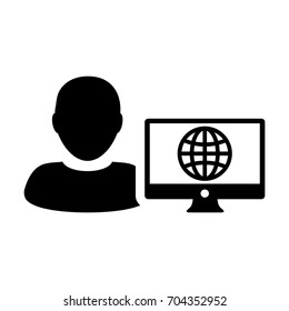 Internet User Icon Vector Person With Computer Monitor and Global Network in Glyph Pictogram Man Avatar Symbol illustration