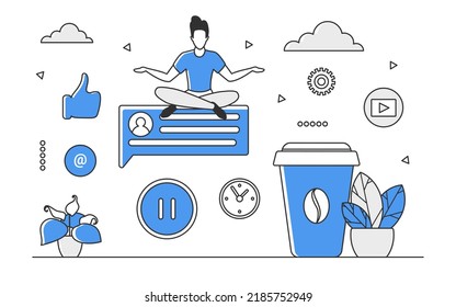 Internet user spending time on social media apps. Networking and sharing online content vector monocolor illustration