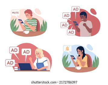 Internet users issues 2D vector isolated illustration set. Flat characters on cartoon background. Colourful editable scene for mobile, website, presentation collection. Quicksand font used