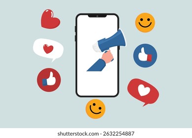 Internet users who like social media, like or give positive feedback remotely. Megaphone with positive thumbs up symbol, like.
