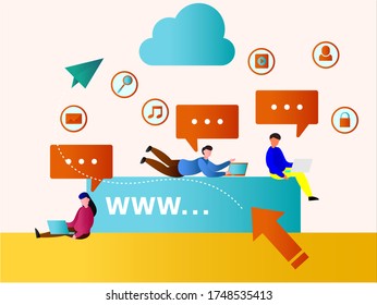 Internet vector concept: group of young people using internet on their laptop while sitting and lying on WWW banner