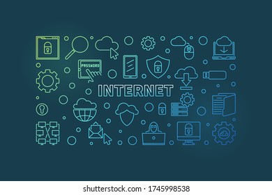 Internet vector concept outline colorful horizontal illustration or banner on dark background