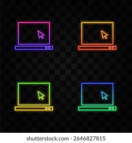 Internet vector icon, neon style. Laptop pc computer with arrow cursor on display symbol.