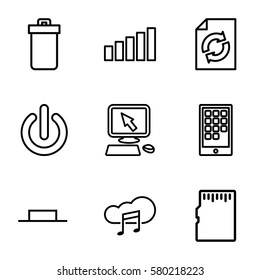 internet vector icons. Set of 9 internet outline icons such as trash bin, pointer on display, reload, music pause, music cloud, signal, calendar on phone, memory card