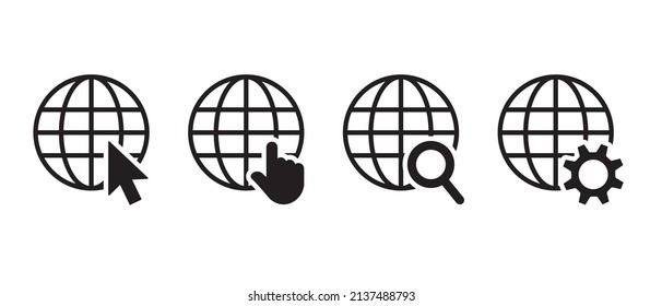 Internet vector icons set. Globus sign, web contact symbol, clicking cursor, search and setting