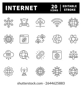Internet vector icons. Internet thin line icon set. Web browser related icons. Outline icons related to network, internet.