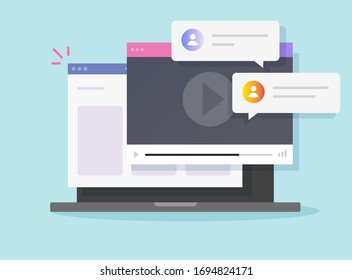 Videovideollamadas en línea reproductor en la ventana del sitio web del ordenador portátil o pc web digital servicio de discusión web vectorial ilustración plana, concepto de tutorial en Internet o cursos de diseño moderno