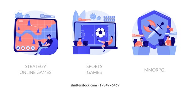 Internet and video gamers streaming. Cybersport tournament. Modern entertainment and pastime. Strategy online games, sports games, MMORPG metaphors. Vector isolated concept metaphor illustrations.