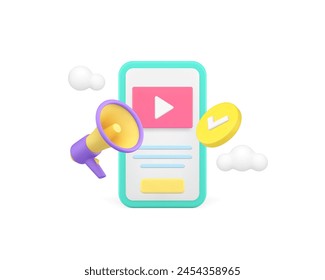 Internet video marketing social media content promo announce smartphone app 3d icon realistic vector illustration. Online presentation digital information broadcasting web virtual advertising