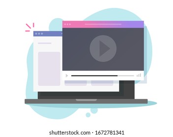 Internet video online player on laptop computer website window or pc movie watch web service vector flat cartoon, illustration of player in browser streaming film or multimedia modern design