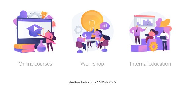 Internet video seminar, business school graduation, corporate training classes icons set. Online courses, workshop, internal education metaphors. Vector isolated concept metaphor illustrations