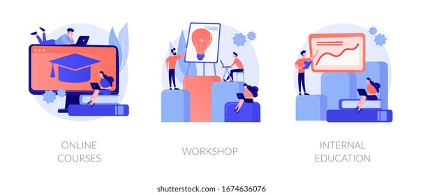 Internet video seminar, business school graduation, corporate training classes icons set. Online courses, workshop, internal education metaphors. Vector isolated concept metaphor illustrations