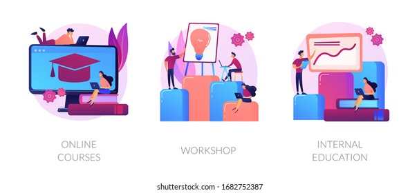 Internet video seminar, business school graduation, corporate training classes icons set. Online courses, workshop, internal education metaphors. Vector isolated concept metaphor illustrations