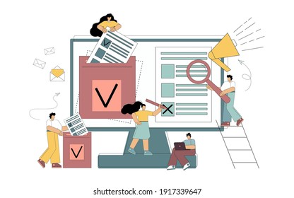 Internet voting concept. Modern system of electronic elections. Little flat people are voters, make decisions. Vector illustration on white background
