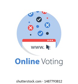 Internet voting, online services, check mark, vector flat illustration