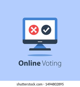 Internet voting, submit online, government services, computer monitor with check mark and cross, distant education, vector flat illustration