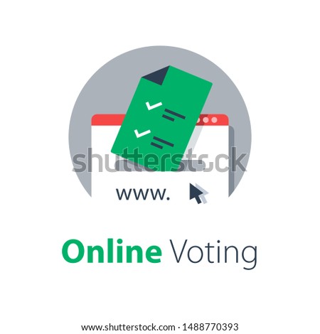 Internet voting, submit online, government services, document with check mark, upload file, vector flat illustration