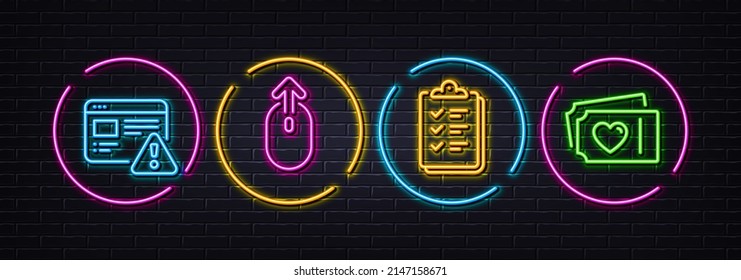 Aviso de Internet, Lista de verificación y Iconos de línea mínimos de Swipe. Luces 3d láser neón. Iconos de entradas de amor. Para web, aplicación, impresión. notificación web, portapapeles de preguntas, página de desplazamiento. Vector