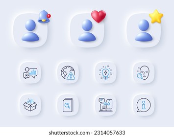 Internet warning, Search files and Face search line icons. Placeholder with 3d bell, star, heart. Pack of Info, Inspiration, Open box icon. Phone timing, Seo statistics pictogram. Vector