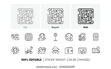 Internet warning, Seo marketing and Bike delivery line icons. Pack of Star, Floor lamp, Maze icon. Fraud, Dollar wallet, Save planet pictogram. Cpu processor, Brush, Fitness app. Line icons. Vector
