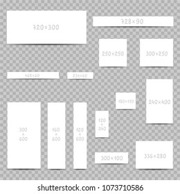 Internet web banner templates set with shadow on transparent background. Standard size white banners collection dimensions in pixels. See and design advertising how it looks on different sizes