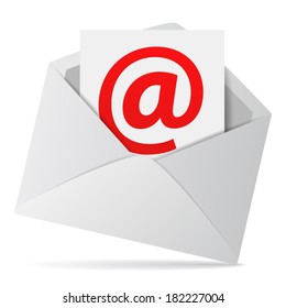 Internet and web business contact us concept with an email envelope and red at symbol on a paper sheet. Vector EPS 10 illustration isolated on white background.