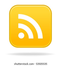 Internet web button with RSS sign. Yellow rounded square shape with drop shadow. White background