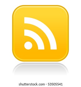 Internet web button with RSS sign. Yellow rounded square shape with gray reflection. White background