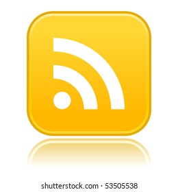 Internet web button with RSS symbol. Yellow rounded square shape with color reflection. White background