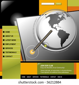 An internet web design template for your business. There is a globe of the Earth with a pen pointing to a circle. The color scheme is orange, green and black.