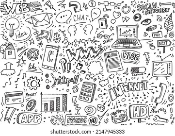 Internet and web doodles, hand drawn vector illustration