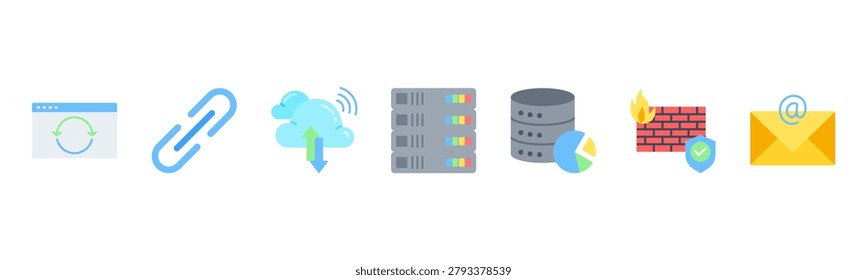 Internet and web icons featuring Browser, URL, Cloud, Server, Database, Firewall, Email for online use.