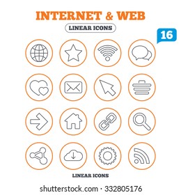 Internet and Web icons. Wi-fi network, favorite star and internet globe. Hearts, shopping cart and speech bubbles. Share, rss and link symbols. Circle buttons on white. Vector