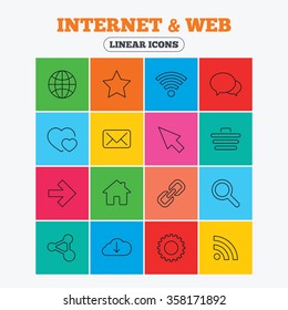 Internet and Web icons. Wi-fi network, favorite star and internet globe. Hearts, shopping cart and speech bubbles. Share, rss and link symbols. Linear icons in colored squares.