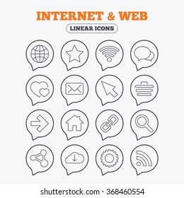 Internet and Web icons. Wi-fi network, favorite star and internet globe. Hearts, shopping cart and speech bubbles. Share, rss and link symbols. Linear icons in speech bubbles.