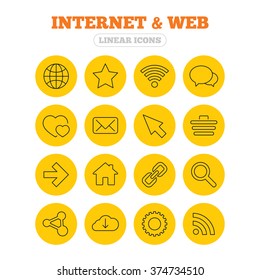 Internet and Web icons. Wi-fi network, favorite star and internet globe. Hearts, shopping cart and speech bubbles. Share, rss and link symbols. Linear icons on yellow buttons.