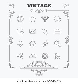 Internet and Web icons. Wi-fi network, favorite star and internet globe. Hearts, shopping cart and speech bubbles. Share, rss and link symbols. Vintage ornament patterns. Decoration design elements.