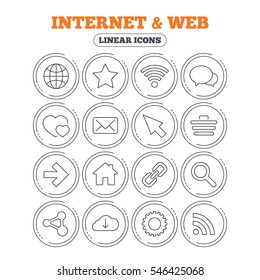 Internet and Web icons. Wi-fi network, favorite star and internet globe. Hearts, shopping cart and speech bubbles. Share, rss and link symbols. Circle flat buttons with linear icons. Vector