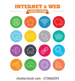 Internet and Web linear icons set. Wi-fi network, favorite star and internet globe. Hearts, shopping cart and speech bubbles. Share, rss and link symbols. Thin outline signs. Flat circles vector