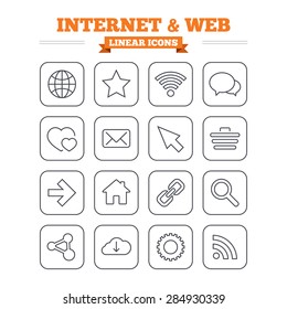 Internet and Web linear icons set. Wi-fi network, favorite star and internet globe. Hearts, shopping cart and speech bubbles. Share, rss and link symbols. Thin outline signs. Flat square vector