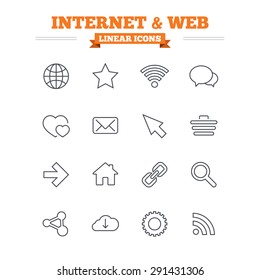 Internet and Web linear icons set. Wi-fi network, favorite star and internet globe. Hearts, shopping cart and speech bubbles. Share, rss and link symbols. Thin outline signs. Flat vector