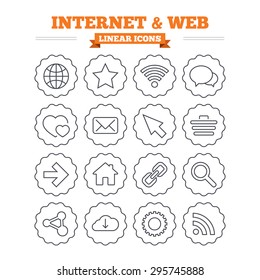 Internet and Web linear icons set. Wi-fi network, favorite star and internet globe. Hearts, shopping cart and speech bubbles. Share, rss and link symbols. Thin outline signs. Flat vector