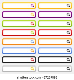 Internet web search form with magnifier icon. Variations colors rounded rectangle on gray background