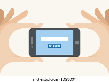 Internet web search page (Google, Bing, Yahoo, Yandex etc.) field and button on the screen in human hands. With copy space for your text in search field.