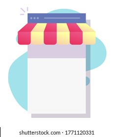 Internet web store shop online e-commerce concept on mobile page with blank empty screen vector or digital ecommerce web icon flat cartoon illustration, storefront or commerce modern design