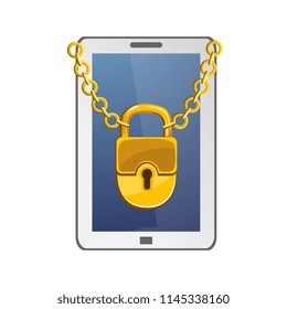 Internet website access forbidden concept with tablet screen chained by golden chain with lock. Web ban symbol. Global communication problems and modern technologies. Vector illustration.