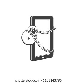 Internet website access forbidden concept with tablet chained by chain with lock black outline icon. Web ban symbol. Global communication problems and modern technologies. Vector illustration.