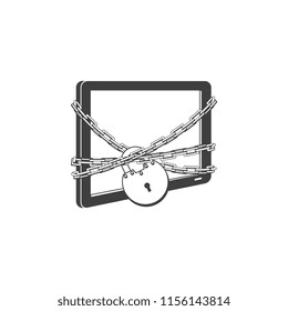 Internet website access forbidden concept with tablet chained by chain with lock black outline icon. Web ban symbol. Global communication problems and modern technologies. Vector illustration.