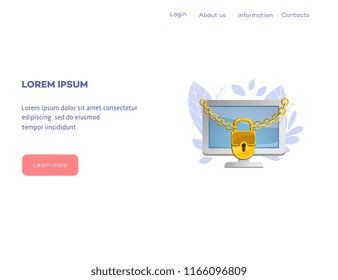 Internet website access forbidden concept poster with desktop monitor chained by golden chain with lock. Web ban symbol. Global communication problems and modern technologies. Vector illustration.